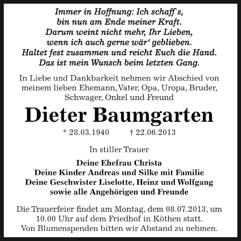  Traueranzeige für Dieter Baumgarten vom 30.06.2013 aus WVG - Wochenspiegel Dessau / Köthen