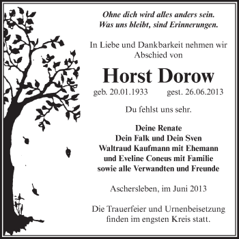 Traueranzeige von Horst Dorow von Super Sonntag Aschersleben