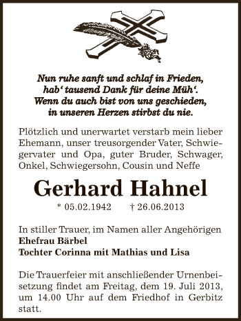 Traueranzeige von Gerhard Hahnel von Super Sonntag Bernburg