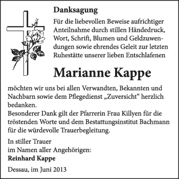 Traueranzeige von Marianne Kappe von Super Sonntag Dessau / Köthen