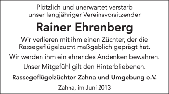 Traueranzeige von Rainer Ehrenberg von Super Sonntag Wittenberg
