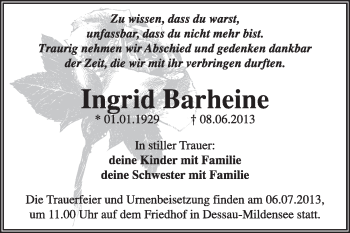 Traueranzeige von Ingrid Barheine von Super Sonntag Dessau / Köthen