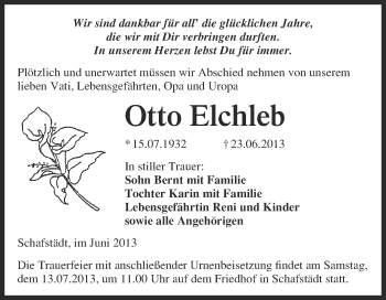 Traueranzeige von Otto Elchleb von WVG - Wochenspiegel Merseburg