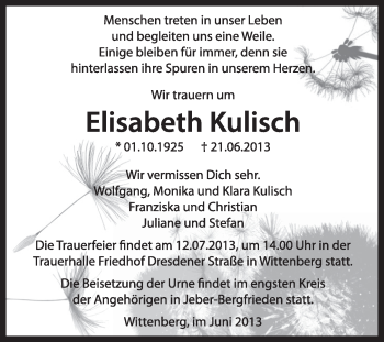 Traueranzeige von Elisabeth Kulisch von Super Sonntag Wittenberg