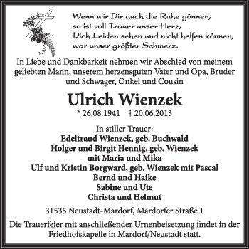 Traueranzeige von Ulrich Wienzek von Super Sonntag Wittenberg