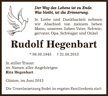 Traueranzeige von Rudolf Hegenbart von Super Sonntag Bernburg