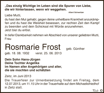 Traueranzeige von Rosmarie Frost von Super Sonntag Zeitz
