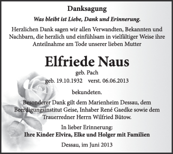 Traueranzeige von Elfriede Naus von Super Sonntag Dessau / Köthen