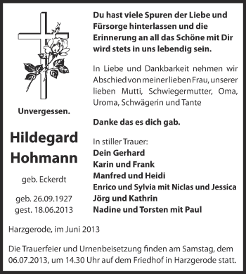 Traueranzeige von Hildegard Hohmann von WVG - Wochenspiegel Quedlinburg
