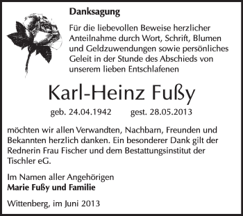 Traueranzeige von Karl-Heinz Fußy von WVG - Wochenspiegel Wittenberg