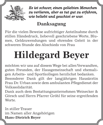 Traueranzeige von Hildegard Beyer von Super Sonntag Bernburg