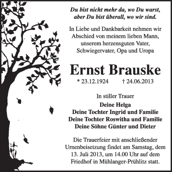 Traueranzeige von Ernst Brauske von WVG - Wochenspiegel Wittenberg