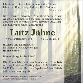 Traueranzeige von Lutz Jähne von Super Sonntag Quedlinburg
