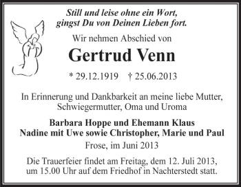Traueranzeige von Gertrud Venn von Super Sonntag Aschersleben