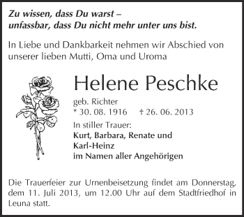 Traueranzeige von Helene Peschke von WVG - Wochenspiegel Merseburg
