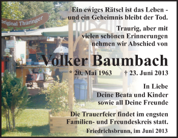 Traueranzeige von Volker Baumbach von WVG - Wochenspiegel Quedlinburg