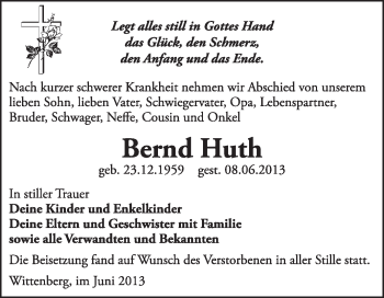 Traueranzeige von Bernd Huth von Super Sonntag Wittenberg