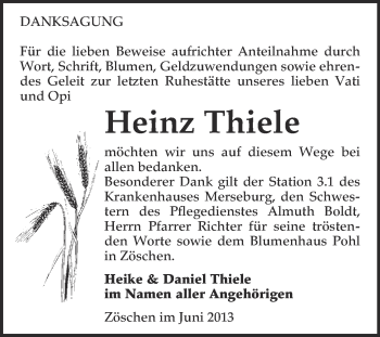 Traueranzeige von Heinz Thiele von Super Sonntag Merseburg