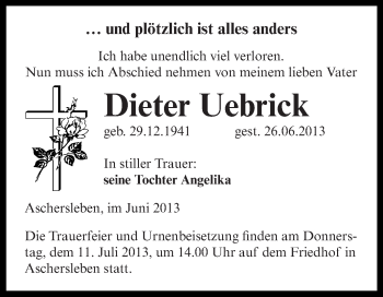 Traueranzeige von Dieter Uebrick von Super Sonntag Aschersleben