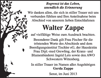 Traueranzeige von Walter Zappe von Super Sonntag Wittenberg