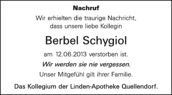 Traueranzeige von Berbel Schygiol von Super Sonntag Dessau / Köthen