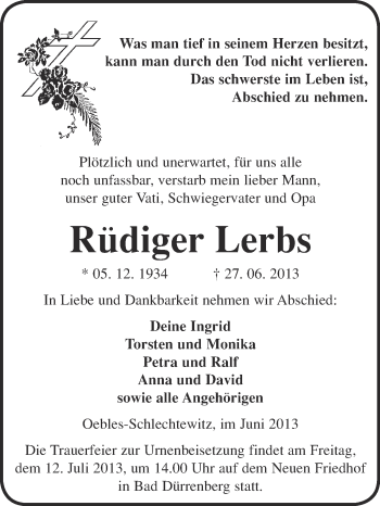 Traueranzeige von Rüdiger Lerbs von Super Sonntag Merseburg