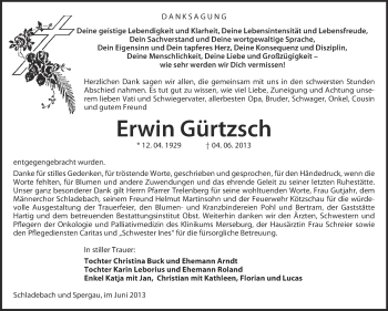 Traueranzeige von Erwin Gürtzsch von Super Sonntag Merseburg