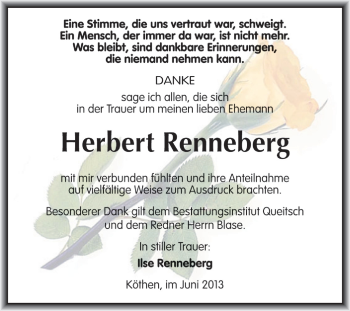 Traueranzeige von Herbert Renneberg von Super Sonntag Dessau / Köthen