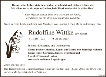 Traueranzeige von Rudolfine Wittke von Super Sonntag Zeitz