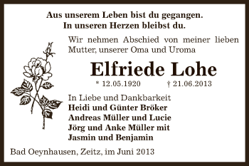 Traueranzeige von Elfriede Lohe von Super Sonntag Zeitz