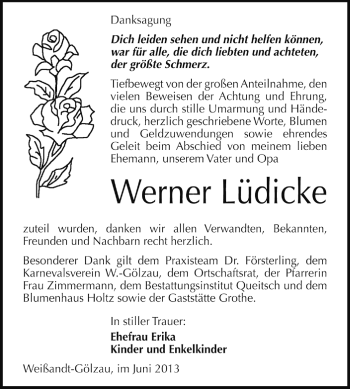 Traueranzeige von Werner Lüdicke von Super Sonntag Dessau / Köthen