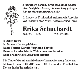 Traueranzeige von Erika Schuchardt von Super Sonntag Dessau / Köthen