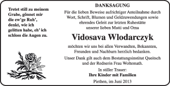 Traueranzeige von Vidosava Wlodarczyk von Super Sonntag Dessau / Köthen
