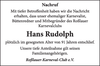 Traueranzeige von Hans Rudolph von Super Sonntag Dessau / Köthen