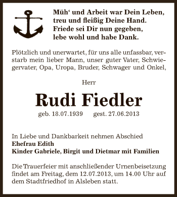 Traueranzeige von Rudi Fiedler von Super Sonntag Bernburg