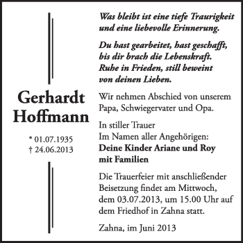 Traueranzeige von Gerhardt Hoffmann von Super Sonntag Wittenberg