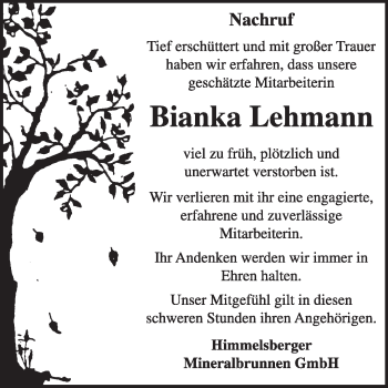 Traueranzeige von Bianka Lehmann von WVG - Wochenspiegel Wittenberg