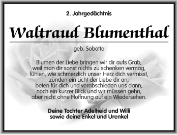Traueranzeige von Waltraud Blumenthal von Mitteldeutsche Zeitung Quedlinburg