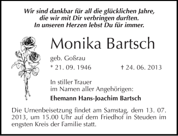 Traueranzeige von Monika Bartsch von Mitteldeutsche Zeitung Halle/Saalkreis