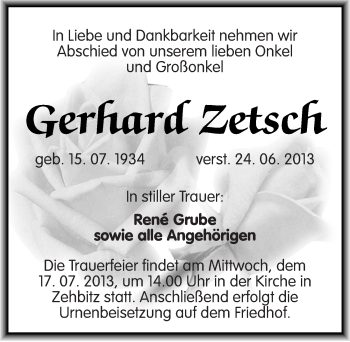Traueranzeige von Gerhard Zetsch von Mitteldeutsche Zeitung Köthen