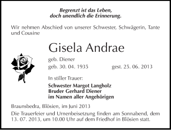 Traueranzeige von Gisela Andrae von Mitteldeutsche Zeitung Merseburg/Querfurt
