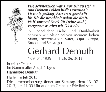Traueranzeige von Gerhard Demuth von Mitteldeutsche Zeitung Halle/Saalkreis