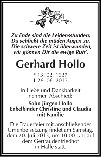 Traueranzeige von Gerhard Hollo von Mitteldeutsche Zeitung Halle/Saalkreis