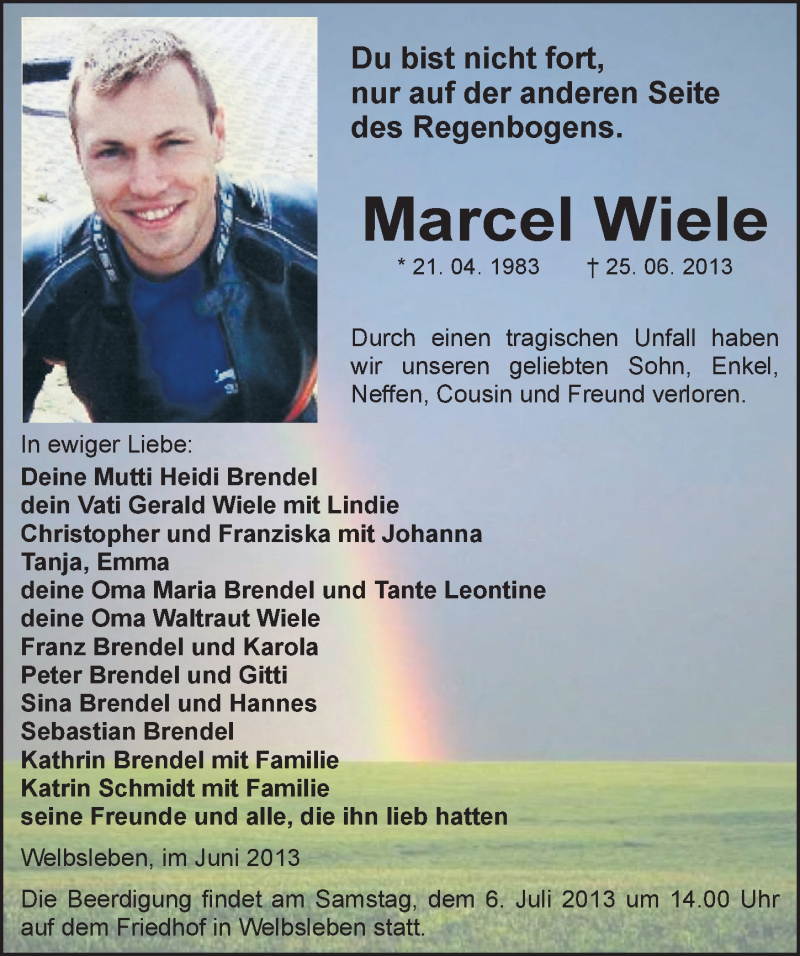  Traueranzeige für Marcel Wiele vom 03.07.2013 aus Mitteldeutsche Zeitung Halle/Saalkreis