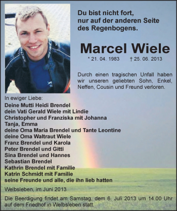 Traueranzeige von Marcel Wiele von Mitteldeutsche Zeitung Halle/Saalkreis