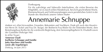 Traueranzeige von Annemarie Schnuppe von Mitteldeutsche Zeitung Köthen