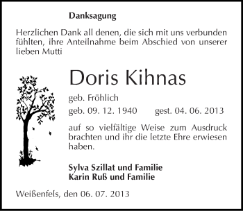 Traueranzeige von Doris Kihnas von Mitteldeutsche Zeitung Weißenfels