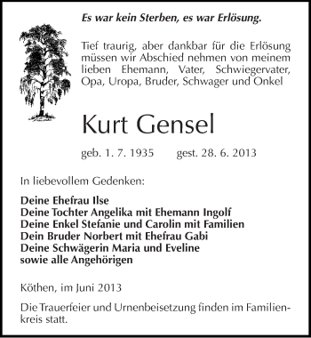 Traueranzeige von Kurt Gensel von Mitteldeutsche Zeitung Köthen