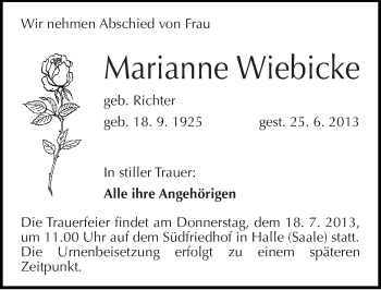 Traueranzeige von Marianne Wiebicke von Mitteldeutsche Zeitung Halle/Saalkreis