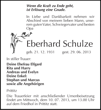 Traueranzeige von Eberhard Schulze von Mitteldeutsche Zeitung Weißenfels